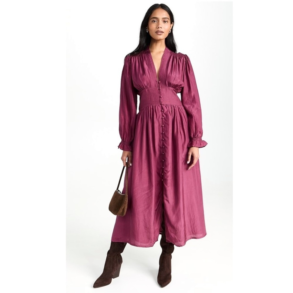 Millie Resort & Travel Dress XXS Anya Burgundy Silk Midi Long Sleeve Pockets NWT